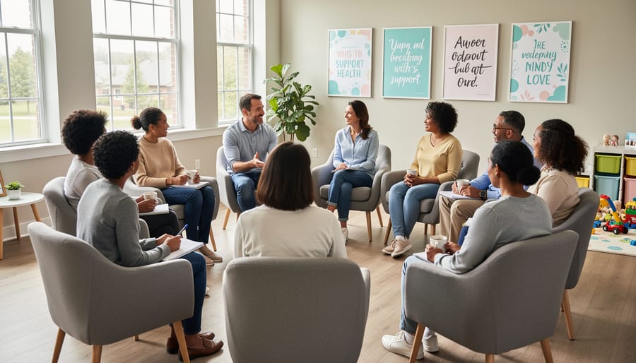 Diverse group of parents sitting in supportive circle during mental health support meeting