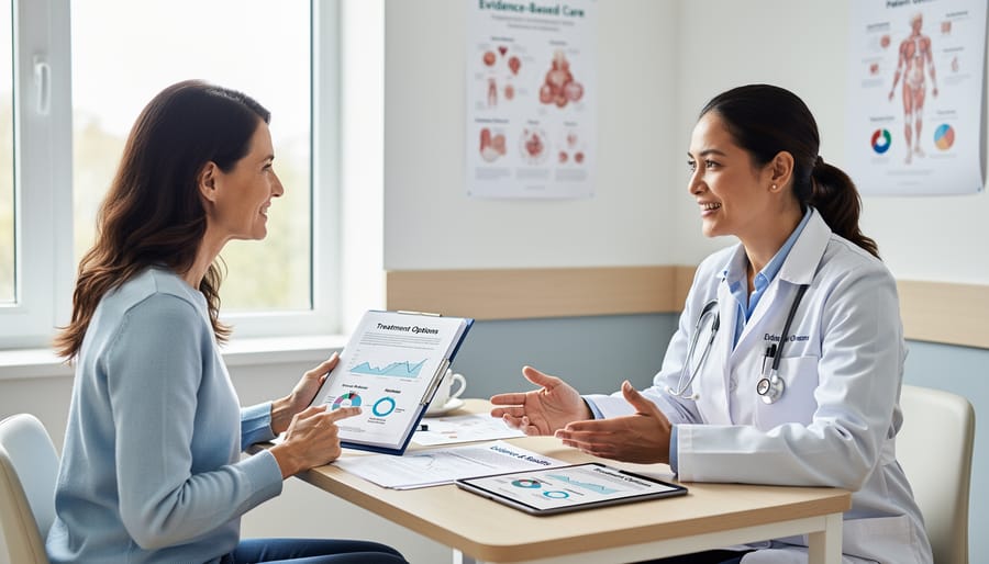 Patient and doctor discussing medical treatment options in consultation room
