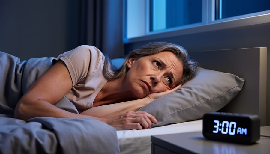 Woman lying awake in bed at night looking at alarm clock showing 3 AM