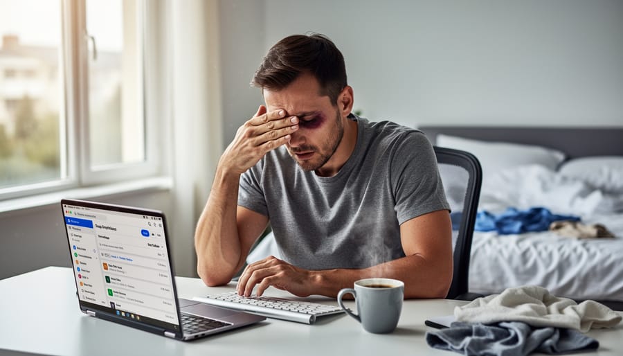 Exhausted woman sitting on bed holding her head showing physical effects of poor sleep