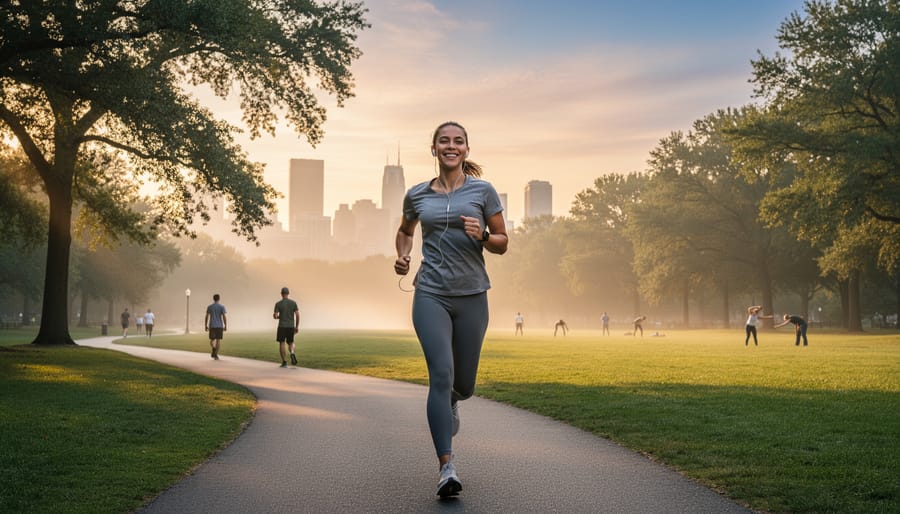 Man running on forest trail in morning sunlight demonstrating physical wellness