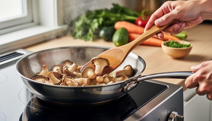 Close-up of oyster mushrooms being sautéed in cast iron skillet