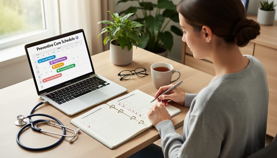 Calendar planner with medical accessories on desk from overhead view