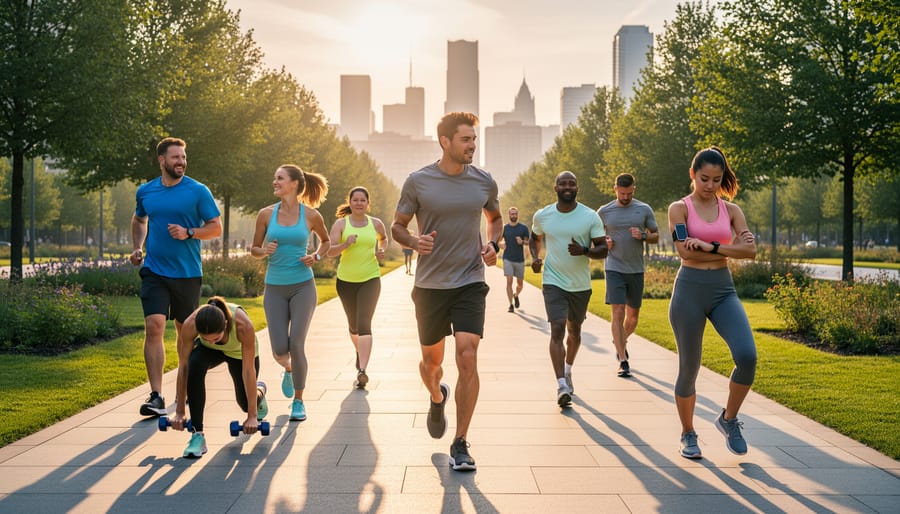 Woman jogging on park path in morning sunlight