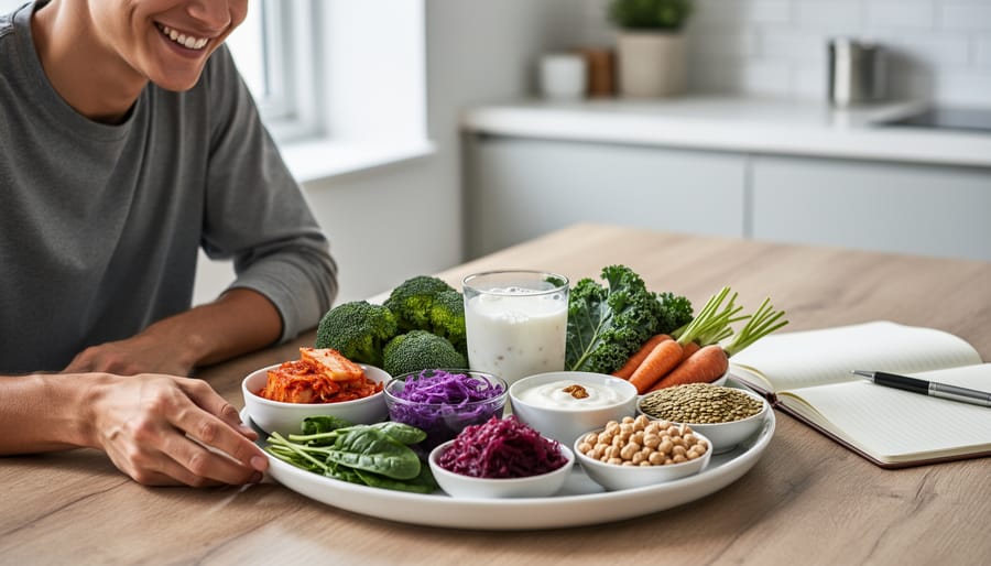 Assortment of fermented foods and fiber-rich vegetables on wooden cutting board