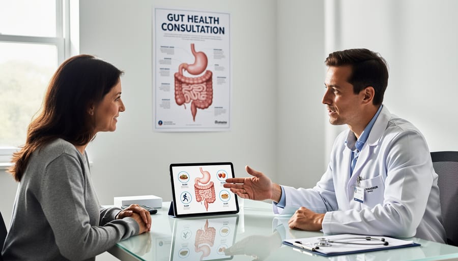 Healthcare provider having supportive consultation with patient in medical office