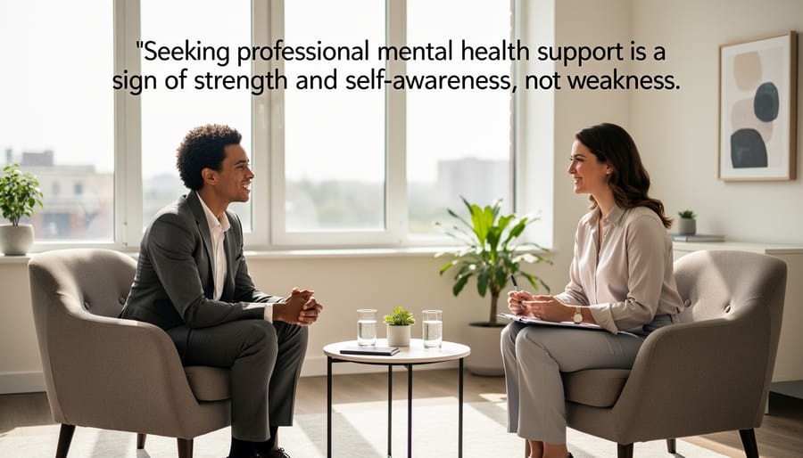 Man in professional therapy setting demonstrating normalized mental health support