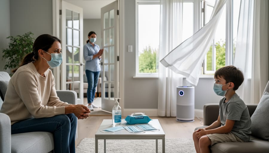 Masked person delivering supplies to isolated household member