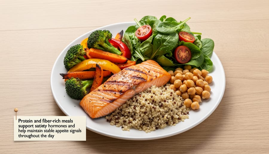 Balanced breakfast plate with protein-rich eggs, whole grains, and fresh fruits viewed from above