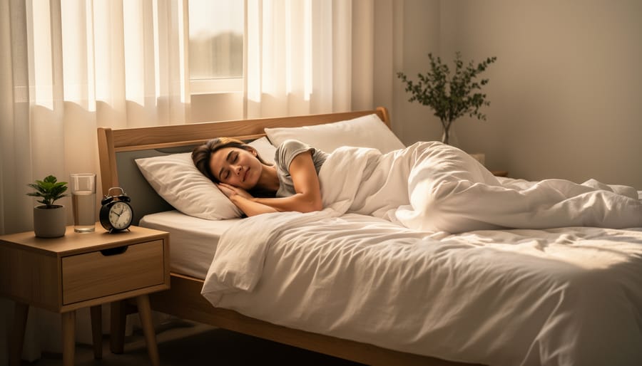Peaceful bedroom with unmade bed in soft morning light suggesting restful sleep