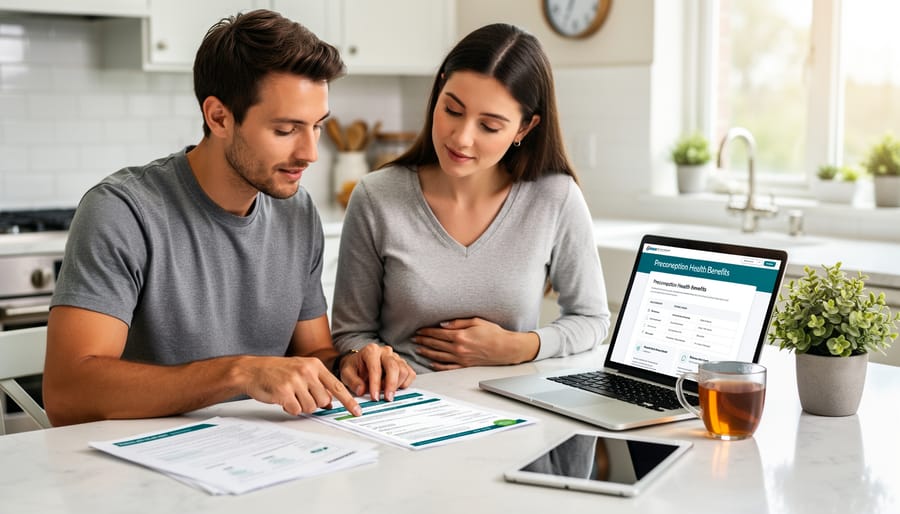 Woman reviewing insurance coverage documents and benefits information