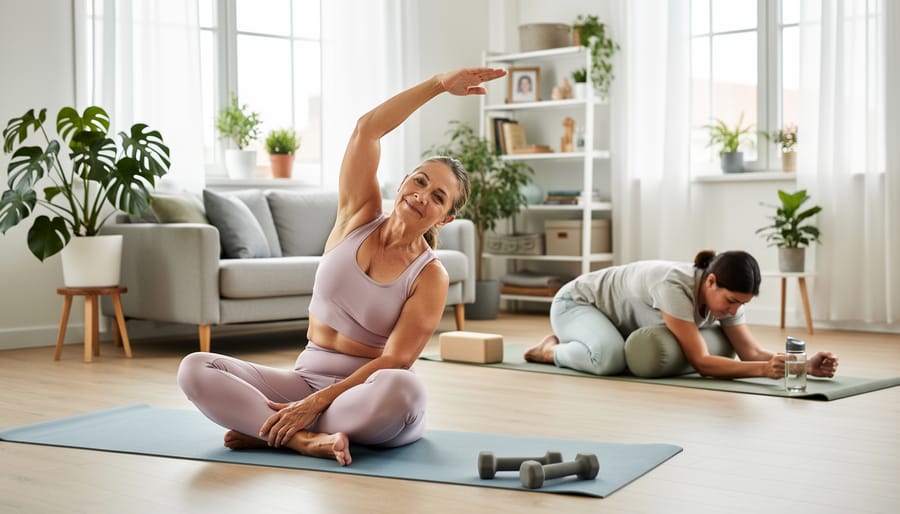 Woman doing gentle stretching exercises on yoga mat in home setting