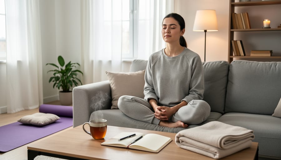 Hands holding cup of herbal tea with journal on table in calming home environment