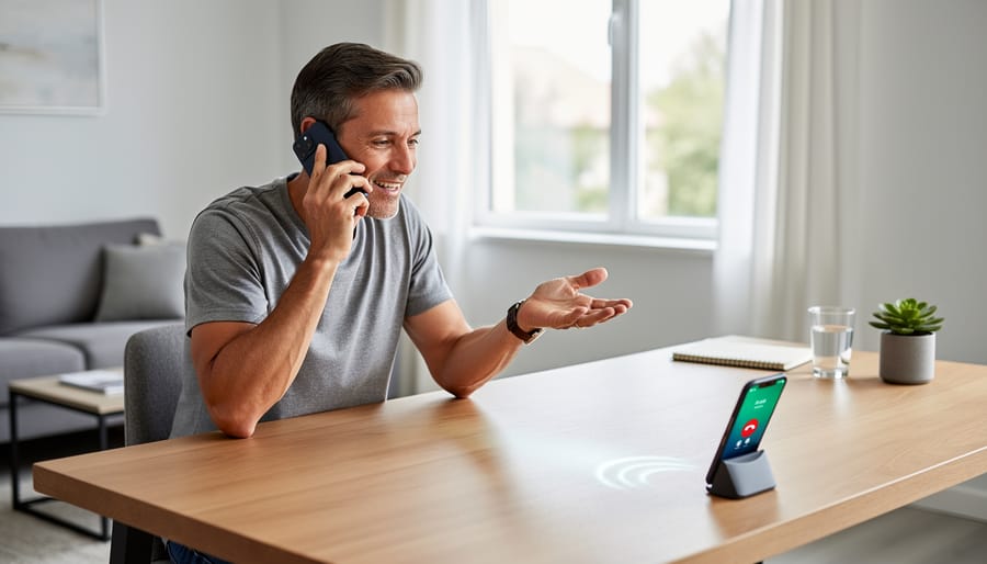 Person using smartphone on speakerphone at distance with wired headphones available on table