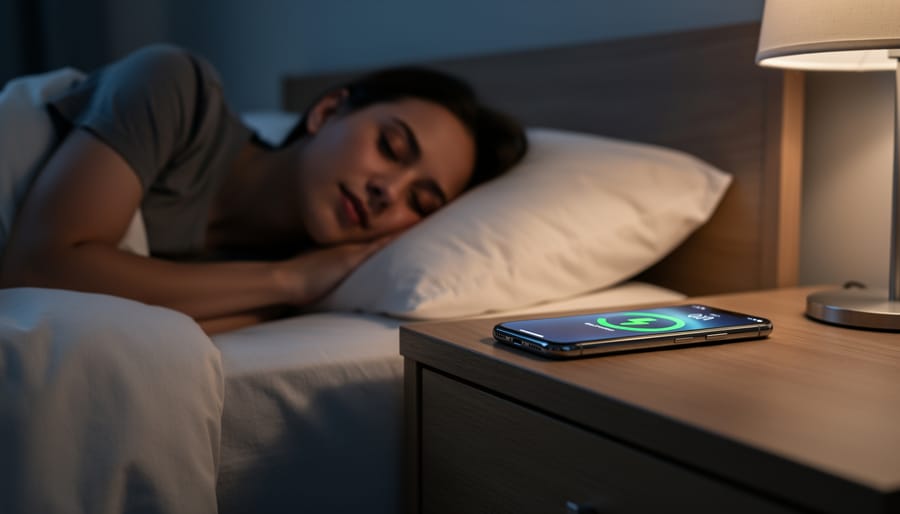 Person holding smartphone near bed at night with alarm clock visible