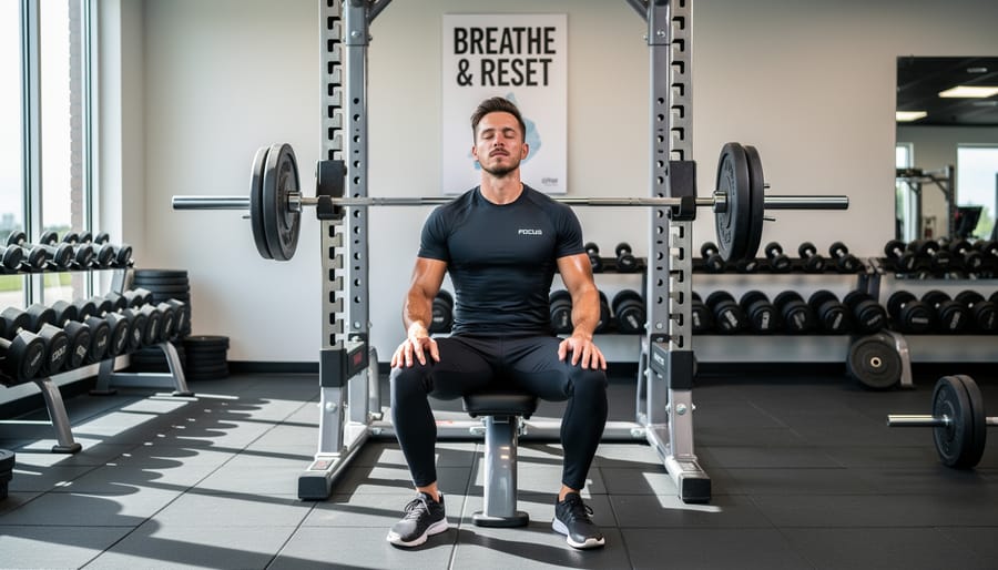 Person using mindfulness techniques during strength training workout with dumbbells