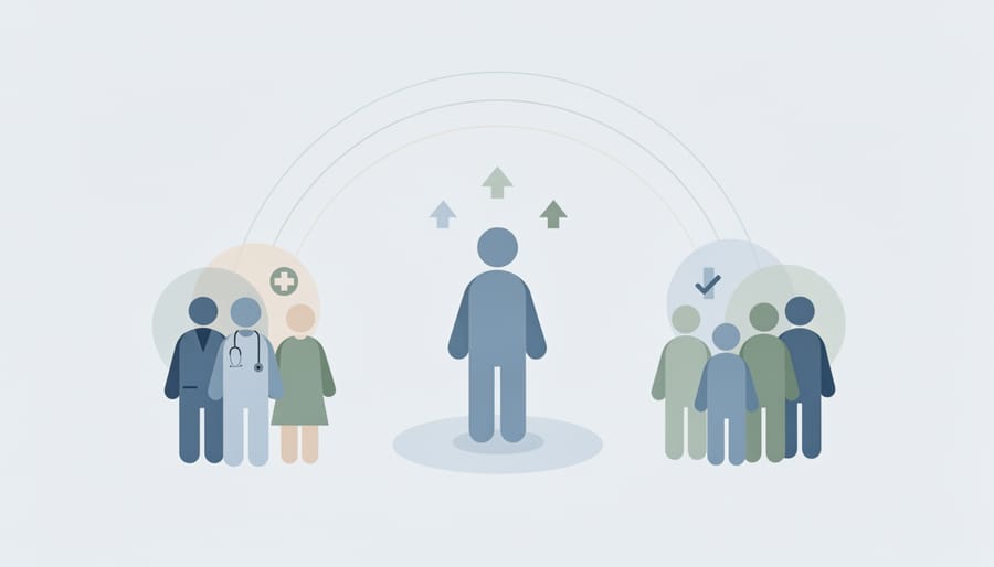 Diverse group of hands joined together in supportive circle representing community support