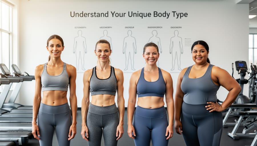 Three athletes with different body types standing together in a modern gym