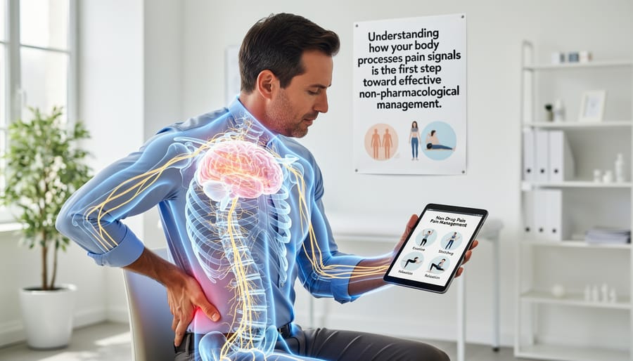 Person touching lower back demonstrating pain awareness and body connection