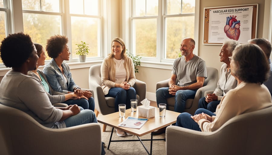 Support group meeting with diverse participants in comfortable community setting