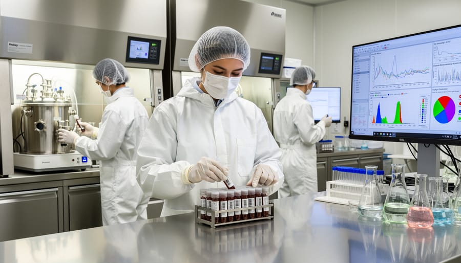 Laboratory researcher holding vial of viral vector solution for gene therapy