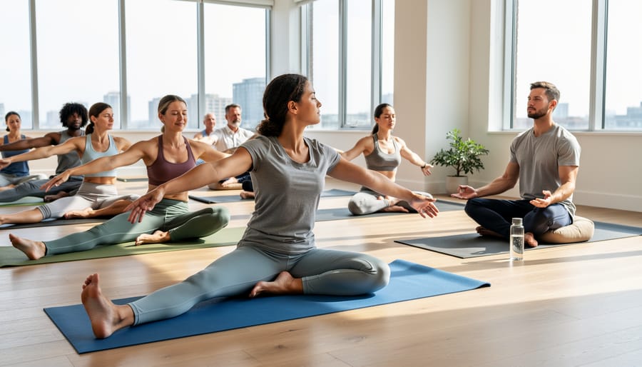 Person practicing yoga outdoors in peaceful natural setting during sunrise