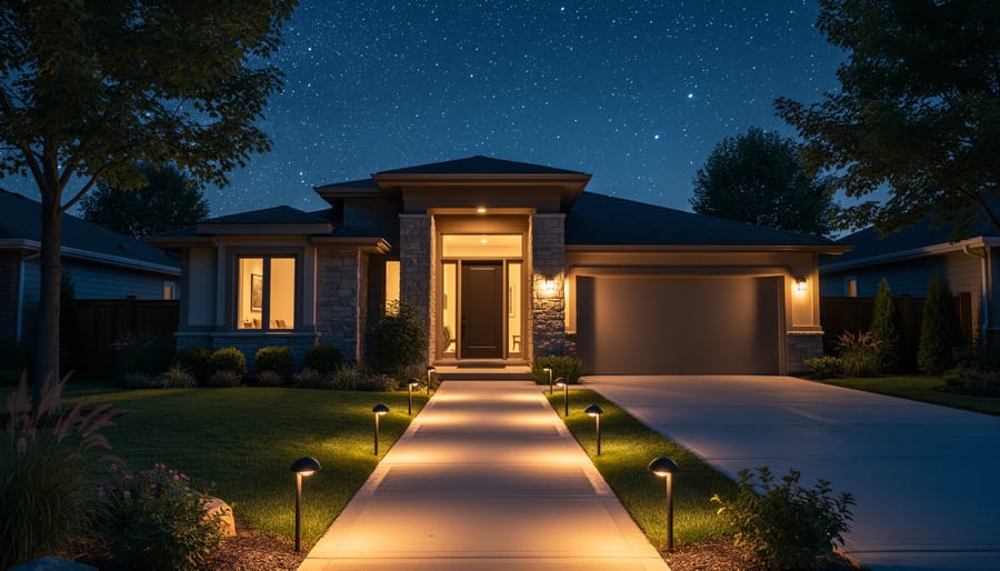 Home exterior with downward-facing amber outdoor lights and motion sensors installed on porch