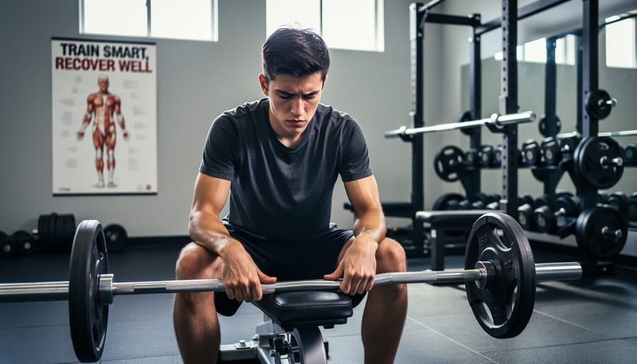 Fatigued male athlete sitting exhausted in gym after workout