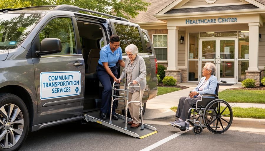 Elderly woman with walker boarding accessible community shuttle bus via hydraulic lift