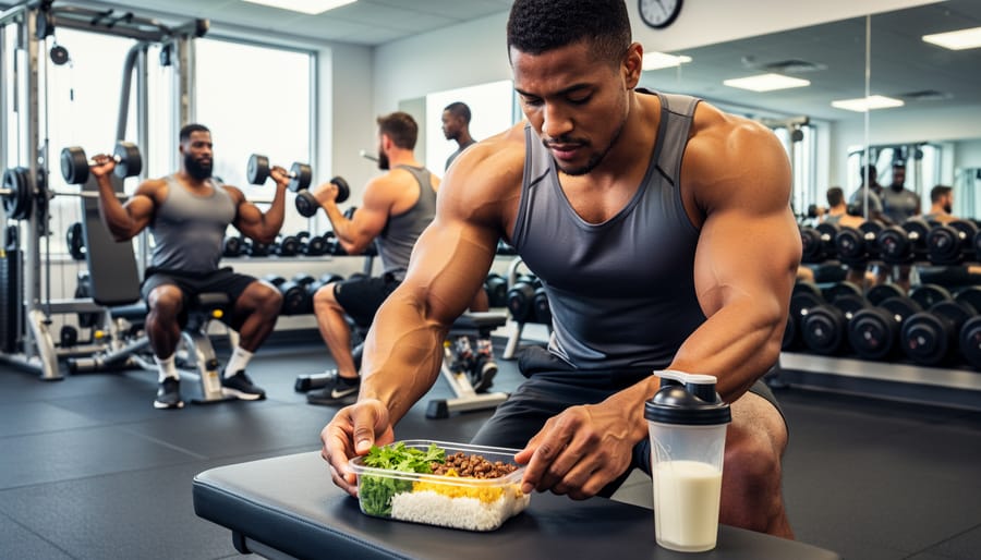 Athletic man strength training with dumbbells in gym