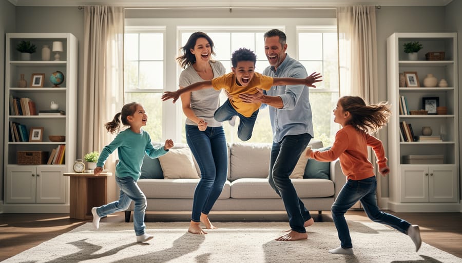 Father actively playing with children in living room demonstrating home-based vigorous activity