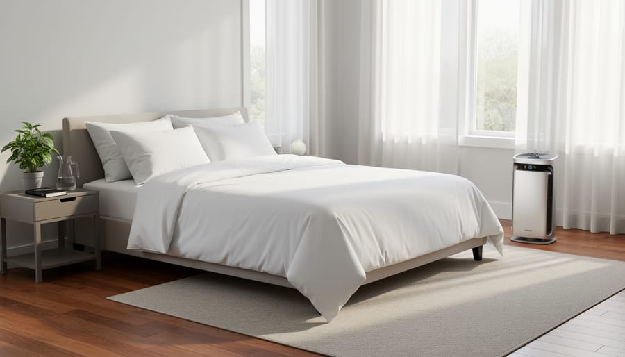 Clean modern bedroom with hypoallergenic bedding and air purifier
