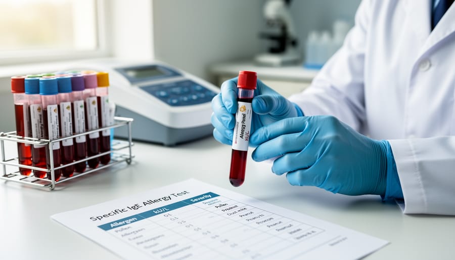 Medical professional holding blood test vial in laboratory setting