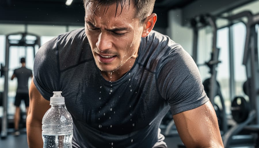 Sweating athlete during intense workout showing physical signs of fluid loss