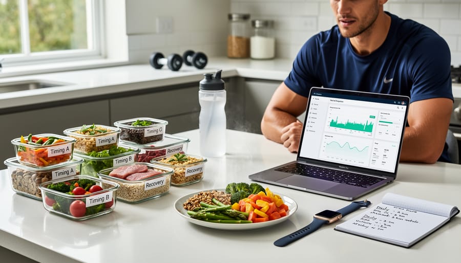 Athletic person preparing nutritious post-workout meal with fresh vegetables and protein in modern kitchen