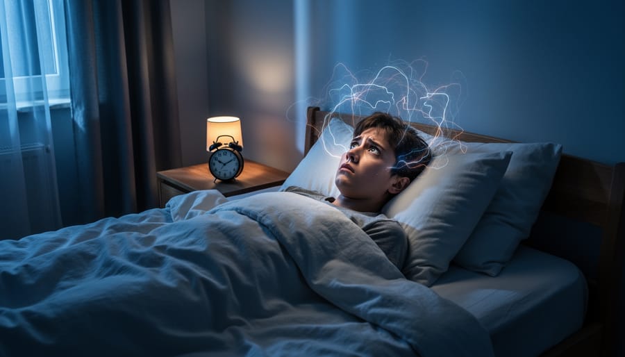 Person lying awake in bed at night unable to sleep