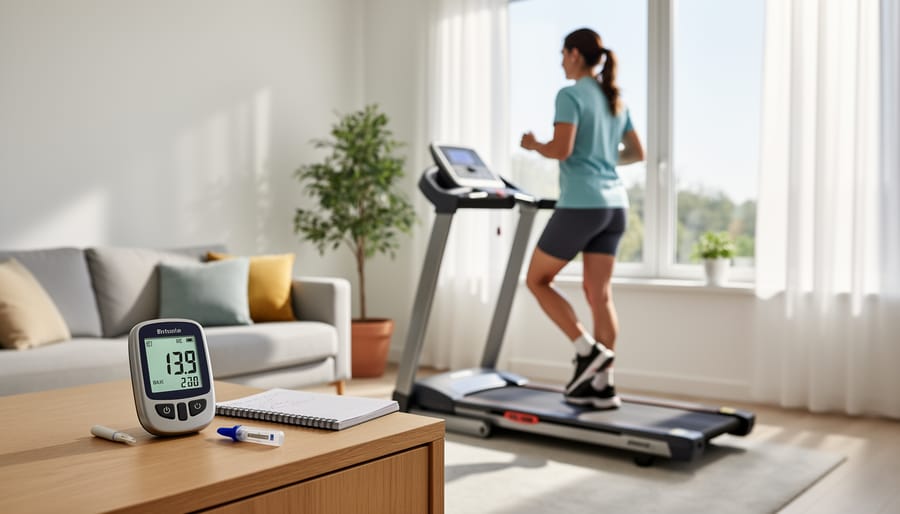 Woman checking blood glucose levels outdoors near exercise equipment