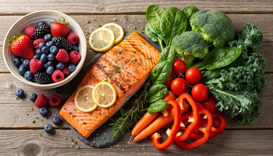 Overhead arrangement of brain-healthy foods including salmon, blueberries, walnuts, kale, and avocado