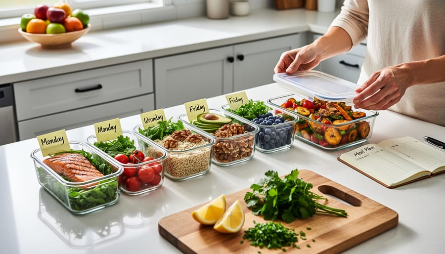 Glass meal prep containers with healthy balanced meals on kitchen counter