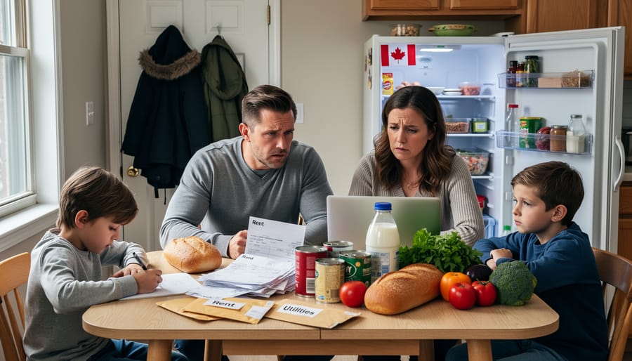 Open empty wallet held above unpaid bills and receipts on kitchen table