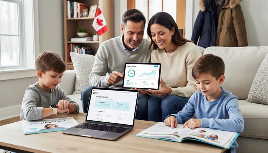Multi-generational Canadian family reviewing health tracking devices together in modern kitchen