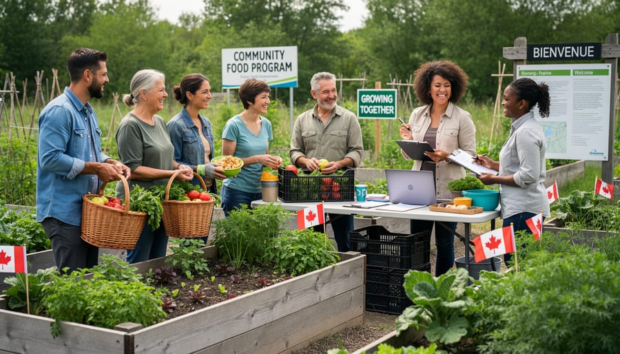 Diverse group of community members working together in urban community garden