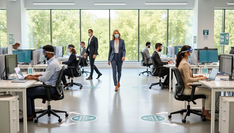 Office workers maintaining safe distance while collaborating in modern workplace setting