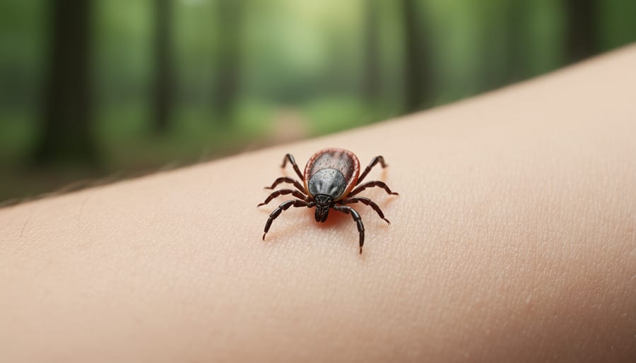 Close-up of black-legged deer tick on human skin showing detailed body structure