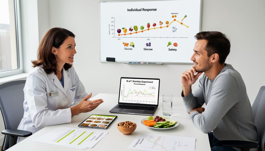 Dietitian consulting with client while reviewing nutrition journal and health data