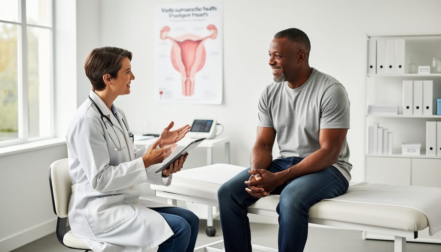 Middle-aged man having comfortable consultation with doctor in modern medical office