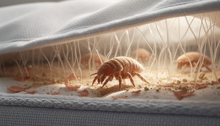 Magnified view of dust mites on mattress fabric fibers