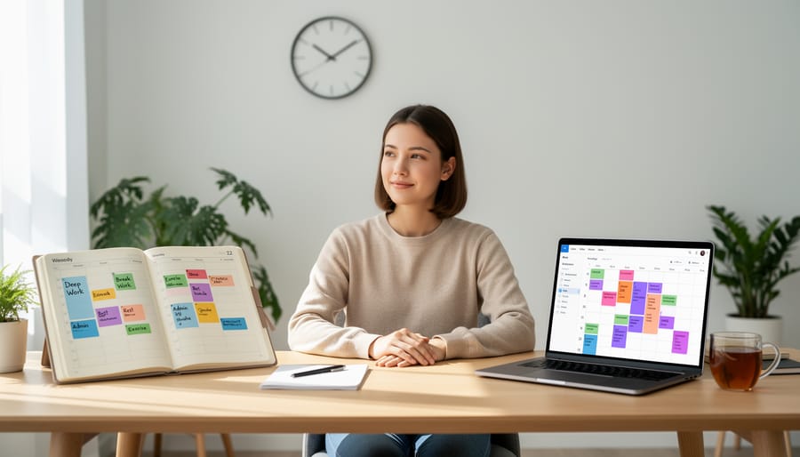 Person planning schedule in minimalist planner on clean desk