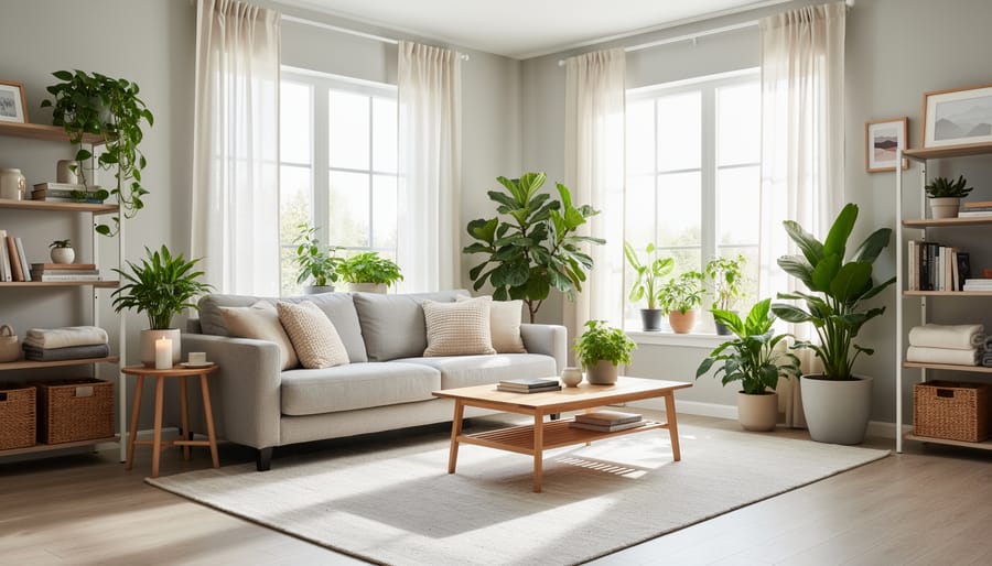 Bright living room with natural sunlight, houseplants, and organized minimalist decor