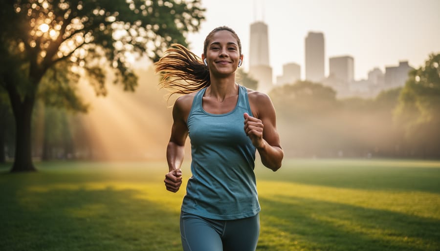 Woman jogging on tree-lined path in autumn park during golden hour